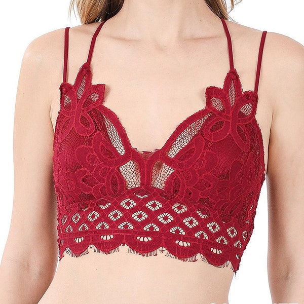 Floral Crochet Lace Bralette for Women, Red Lace Cotton Bralette, Bralette Padded Stretchy Smocked Back Bralette Double Strap Adjustable