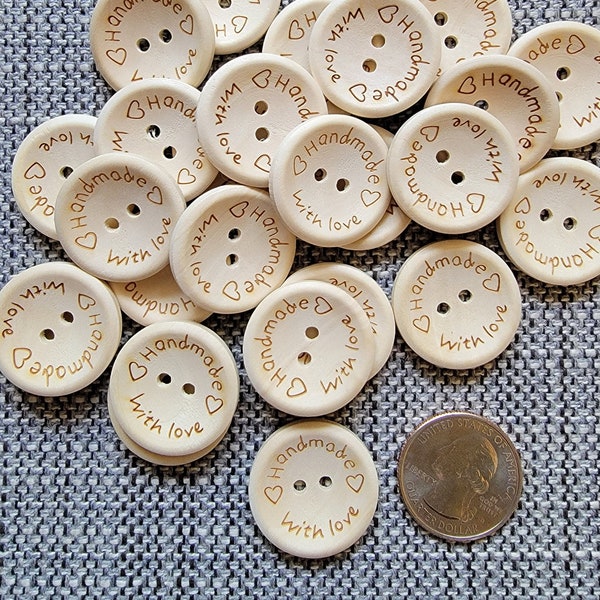 Handmade With Love Buttons, 25mm Wood Buttons, 25mm Handmade Buttons, 1 Inch Round Wooden Buttons