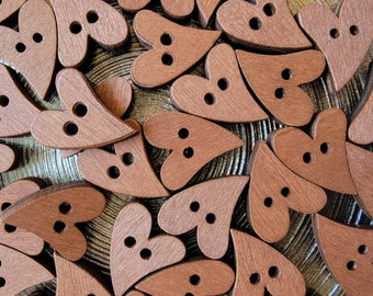 Heart Shaped Buttons, Brown 20mm x 16mm Buttons, Wooden Heart Buttons, Heart Buttons, Brown Buttons