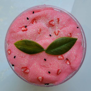 Peut inclure: Slime rose avec des paillettes et des graines noires, surmont&eacute; de feuilles vertes et de p&eacute;pites rouges en forme de c&oelig;ur.