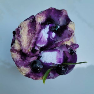 May include: A close-up of a purple and white dessert topped with blueberries and a sprig of green leaves. The dessert is covered in a shiny purple glaze.