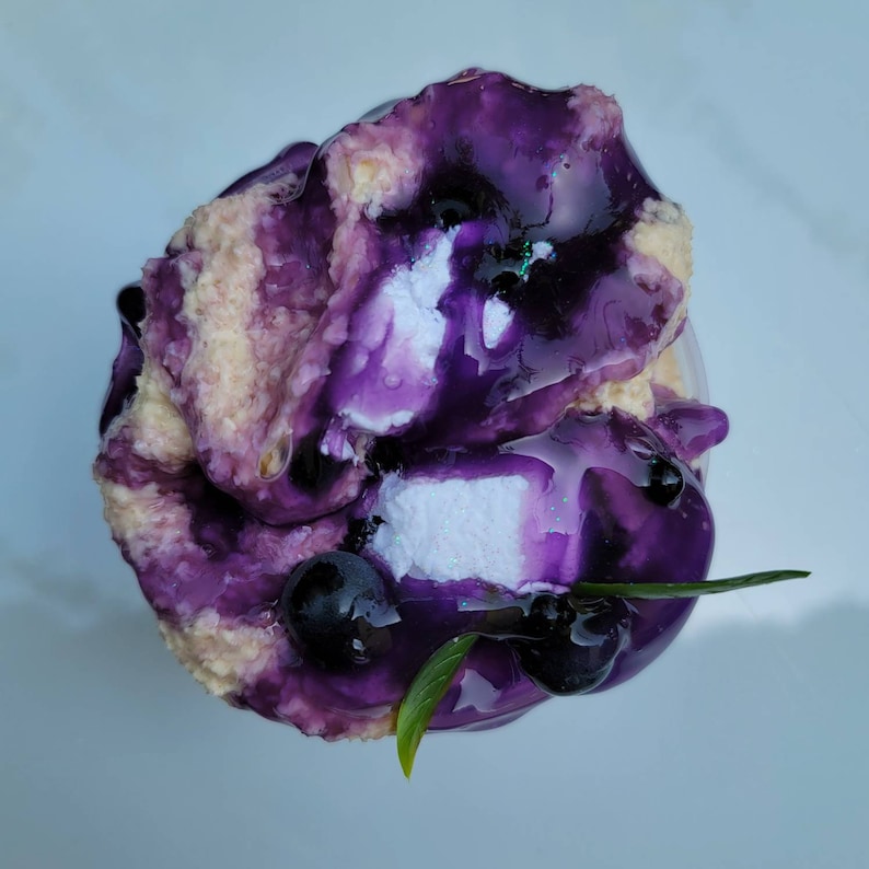 May include: A close-up of a purple and white dessert topped with blueberries and a sprig of green leaves. The dessert is covered in a shiny purple glaze.