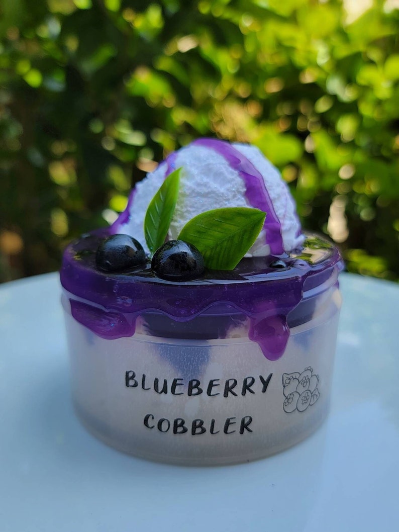 May include: A miniature blueberry cobbler dessert with a purple glaze and white frosting topped with green leaves and blueberries. The dessert is labelled "Blueberry Cobbler".