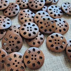 Dark Brown Wooden Buttons, 25mm Floral Buttons, 25mm Flower Buttons, 1 Inch Dark Wood Buttons