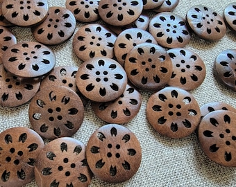 Dark Brown Wooden Buttons, 25mm Floral Buttons, 25mm Flower Buttons, 1 Inch Dark Wood Buttons