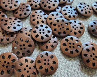 Dark Brown Wooden Buttons, 25mm Floral Buttons, 25mm Flower Buttons, 1 Inch Dark Wood Buttons