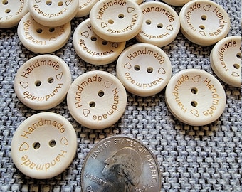 Handmade With Love Buttons, 20mm Wood Buttons, 20mm Handmade Buttons, 3/4 Inch Round Wooden Buttons