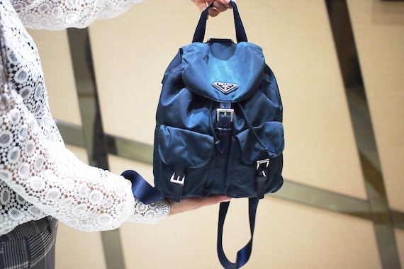 Authentic Prada Navy Nylon Leather Trim Backpack,