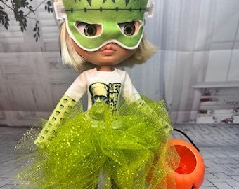 Halloween-kostuum Blythe-pop: Frankenstein-shirt, tutu, legging, masker, emmer en schoenen