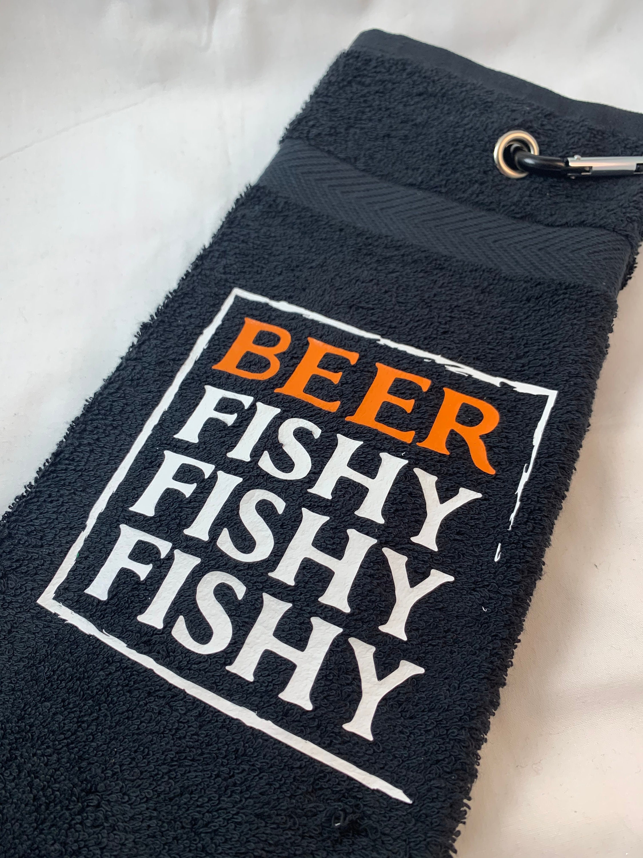 Beer fishing towel, black fishing towel with hanger, funny fishing towel.  Great Father's Day or cabin warming gift. Gift for boat