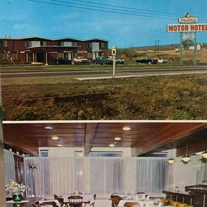 May include: A vintage postcard showing a motel and restaurant. The exterior features a low-rise building with a sign reading "Heather Motor Hotel." The interior shows a dining area with tables, chairs, and a plaid carpet.