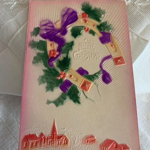 Vintage Bas Relief Colored Purple/Red/Green/Pink Merry Christmas Horseshoe Postcard/ Vintage Ephemera/ Vintage Colored Christmas Postcard