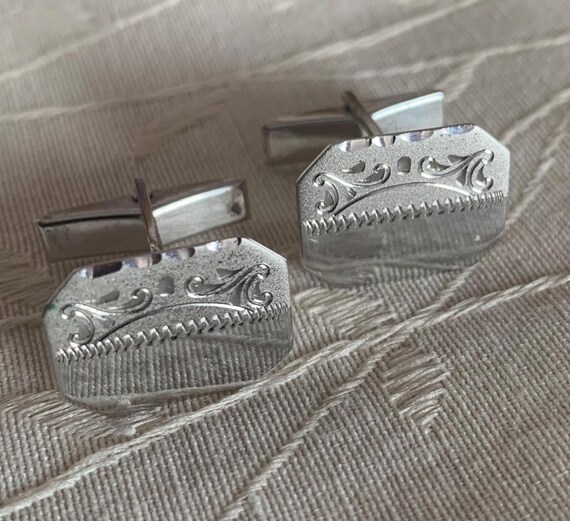 Vintage Sterling Silver Engraved Cufflink Set - S… - image 5