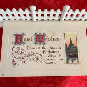 Vintage Gilt & Scroll Work Christmas Postcard/ Vintage Rich Red / Grey Scroll Script Type Old Fashioned Postcard/ Gilt Old Postcard /