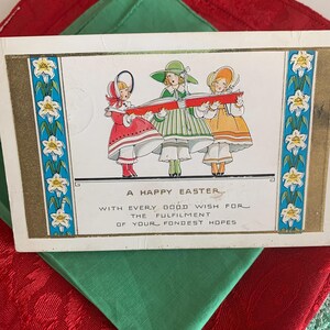 Vintage 1930 Embossed 3 Girl Singing & Easter Lilies Easter Postcard/Vintage Gilt Accented Easter Postcard 1930 Old Easter Wish Postcards