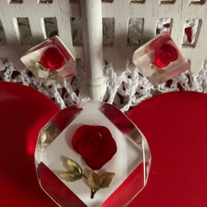 Vintage Single  Red Rose Lucite White Background Square Jewelry Set/ Screw Back Earrings With a Brooch Set/ Gift For Her/ Red & White Set