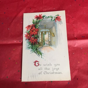 Vintage 1924 Colored  Poinsettia Flowers & Ivy Old Ephemera Christmas Holiday Festive Seasonal Wishes Postcard