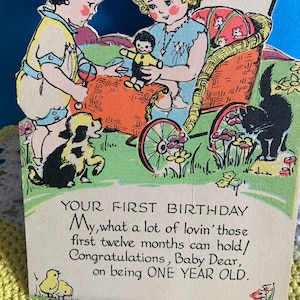 Vintage Colorful Children's Single Panel Blank Birthday Card/ Kid's Birthday Card/ Children Playing With The Dog & Cat Birthday Themed Card