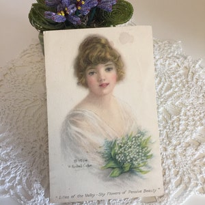 Vintage W.HASKELL COFFIN Girl With Lilies Of The Valley Flowers Postcard/ Vintage Postcards/Sketch Portrait / W Haskell Coffin Postcards/