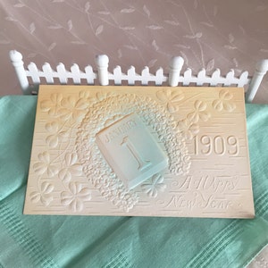 Vintage Bas Relief Embossed Shamrock Good Luck Clover Happy New Year 1909 Postcard/1909 Postcards/Vintage Beige Aqua Ephemera Postcard 1909/