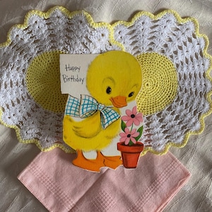 Vintage Small Little Yellow Duckling With Pink FlowerPot Children's Birthday Card/ Small Kid's Themed Birthday Cards/ Vintage Ephemera/