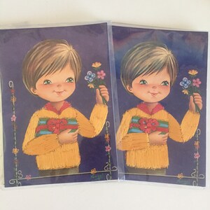Vintage Set of  Boy With Yellow Striped Top Silk Embroidered Postcards/ Embroidered Silk Postcards/ Old Matching Embroidered Silk Postcards