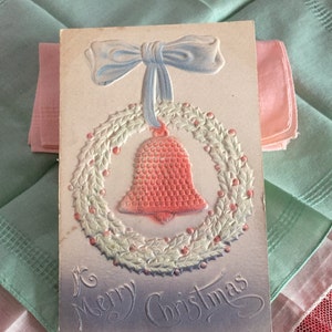 Vintage 1907 Embossed Pastel Light Green Wreath /Baby Blue Ribbon/ Pink & Beige Colored Christmas Bell Postcard/ 3D Colored Old Postcards