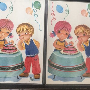Vintage Set Of Silk Embroidered Postcards/ Pair Silk Postcards /Animated Silk Embroidered Birthday Postcards/Greek Birthday Silk Postcards/