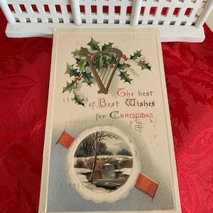 Vintage 1909 Christmas Gilt Harp/Winter bridge Scene Vertical  Postcard /Vintage Ephemera/Vintage Embossed Color Christmas Wishes Postcard