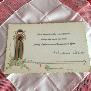 Vintage Gilt Christmas/New Year Card/ Vintage Christmas Ephemera Card/ Old Christmas Cards/ Red Beige Green Ivy Berry Candle Christmas Card