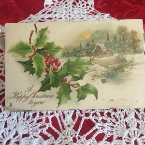 Vintage Christmas Postcards Old Ephemera/Old Christmas Postcards/Old Fashioned Postcards Holly Ivy Christmas Scene Postcard/ Seasonal Cards