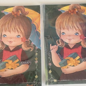 Vintage Set Of Silk Embroidered Postcards/Pair of Postcards/Embroidered Silk Postcard Girl  Brown Dress & Yellow Ribbon Pair Postcards