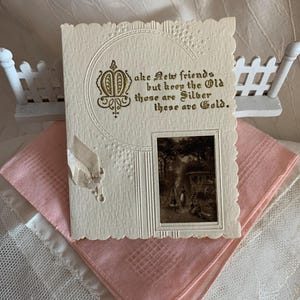 Small Vintage Scalloped Edged Gold Trim Lettering Beige Verse Christmas Card/Small Embossed Beige Satin Ribbon Christmas Card & Gold Letters