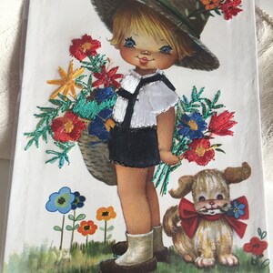 Vintage Little Girl With Flowers  Single Silk Embroidered Postcard/ Silk Postcards/Colorful Silk Postcards Single Blank/Unused Silk Postcard