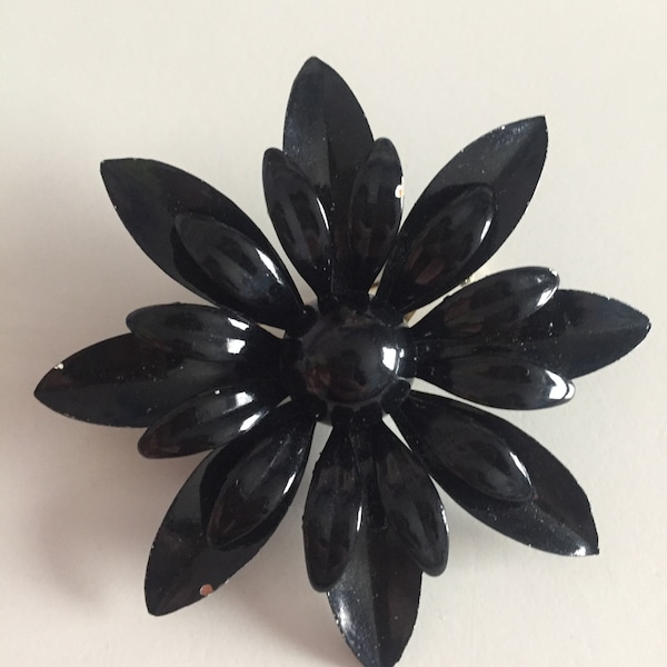 Vintage Large 3D Layered Glossy Black Funeral Brooch/ Gothic Black Retro Brooch/ Classic Black Flower Brooch/Black Floral Layer Bloom Brooch