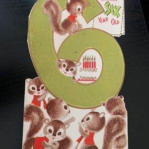 Vintage Children's 6th Birthday Card With Mixed Animated Squirrels & Lime Color Glitter/ Children's Birthday Card With Gilt Accents
