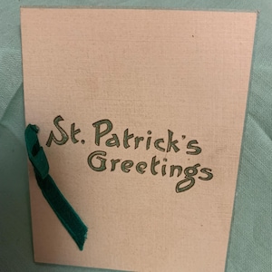 Mini St. Patrick Day Greetings Card With Emerald Green Side Ribbon/ Small Irish Greetings Ephemera Booklet/ St. Patrick's Ephemera