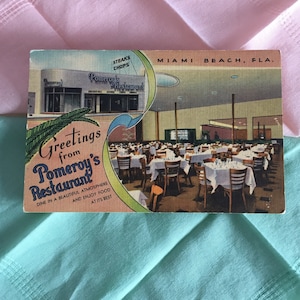 Vintage Colored Linen Miami Beach Florida Pomeroy's Restaurant Postcard/Linen Colored Postcard/Retro Restaurant Postcard Miami Beach Florida