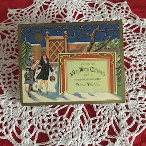 Vintage Christmas Scene Postcard/ Vintage Color Christmas Seasonal Postcard/ Small Old Christmas Postcard/ Gilt Accented Christmas Postcards