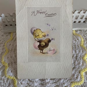 Pastel Purple/Pink/Brown/Yellow Chick Easter Postcard / Happy Easter Old Postcard/ Small Old Postcard / Chicks & Violet Easter Egg Postcard