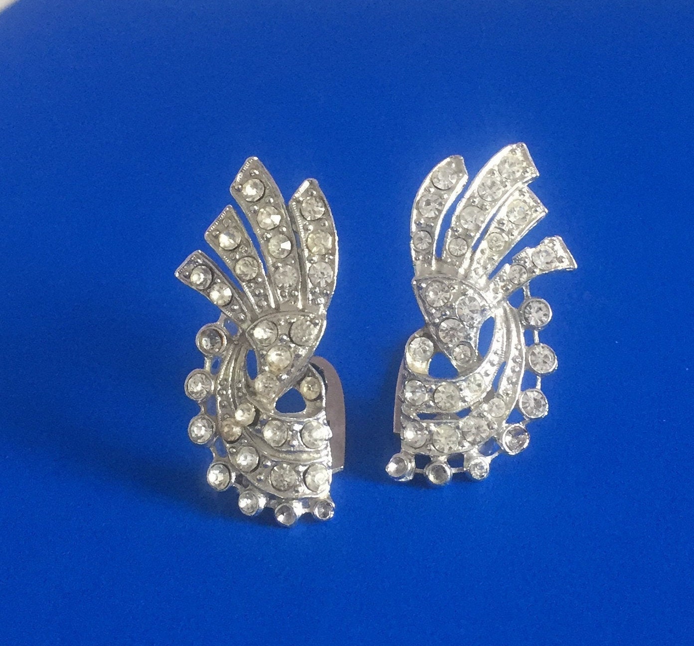 お香たて　レゲエ　ビンテージ　アンティーク Vintage 1930-31 Clear Cascading Rhinestone & Metal Art Deco