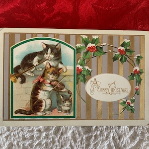 Vintage 1913 Gilt Anthropomorphic Cats Playing Instruments Christmas Time Postcard/Vintage Ephemera/Animal Theme Postcard/Embossed Postcards