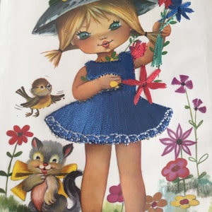 Vintage Single Silk Embroidered Postcard/ Girl With Flowers In Dress Postcard/Silk Postcards/Vintage Silk Postcards/Old Greek Silk Postcards