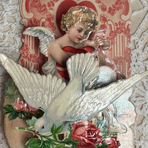 Small Vintage 3D POP Up Valentines Day Card/ Old Valentines Card / Dove / Cupid / Red Roses/ Victorian Style Single  Valentine Card /