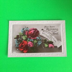 Vintage Glossy Colored Red Rose Aqua Blue Forget Me Not Flower Bouquet Happy Returns Of The Day/ Thinking Of You/ Embossed Ephemera Postcard