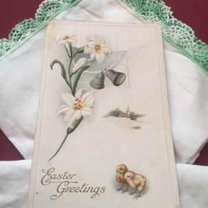 Vintage White Easter Lilies & Baby Chick Easter Greetings Postcard/ Easter Postcard/ Antique Easter Cards/ Embossed 1918 Easter Postcard