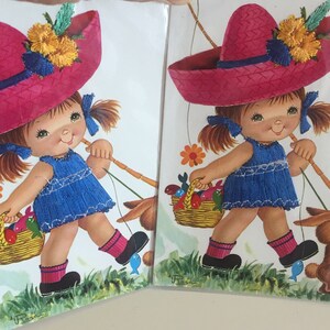 Vintage Set Of Silk Postcards / Pair GONE FISHING Matching Silk Postcards / Girl With Blue Dress & Rabbit Gone Fishing Colorful Postcards