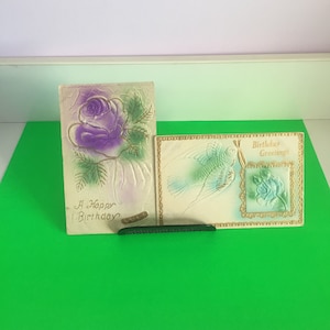 Vintage Bas Relief Floral & Animal Bird Embossed Raised Air brushed Beige Aqua Blue/Gold Tone/Purple Green  Birthday Ephemera Post Cards