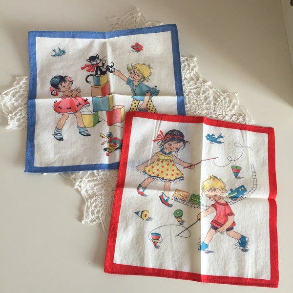 Vintage Set Of Children's 1950 Toy Playing Handkerchiefs/Vintage Kid's Hanky/Vintage Children's Theme Cotton Linens/1950 Color Kid Hanky Set