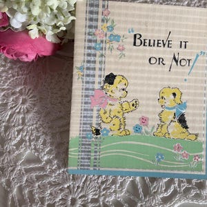 Vintage Pastel Silver Accented Yellow/Pink/Blue Sharing Puppies Child's Birthday Card Animated Dog Card / Old Kid's Ephemera Birthday Card